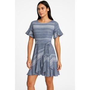 Express‎ Dress Womens Medium Blue Casual Striped Ruffled Short Sleeves Belted